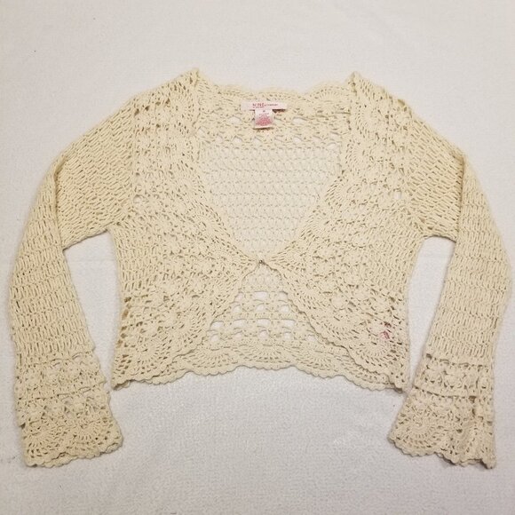 Vintage Beige Crochet Cropped Cardigan Scalloped Hem Flared/Bell Sleeves Bolero - Picture 11 of 13